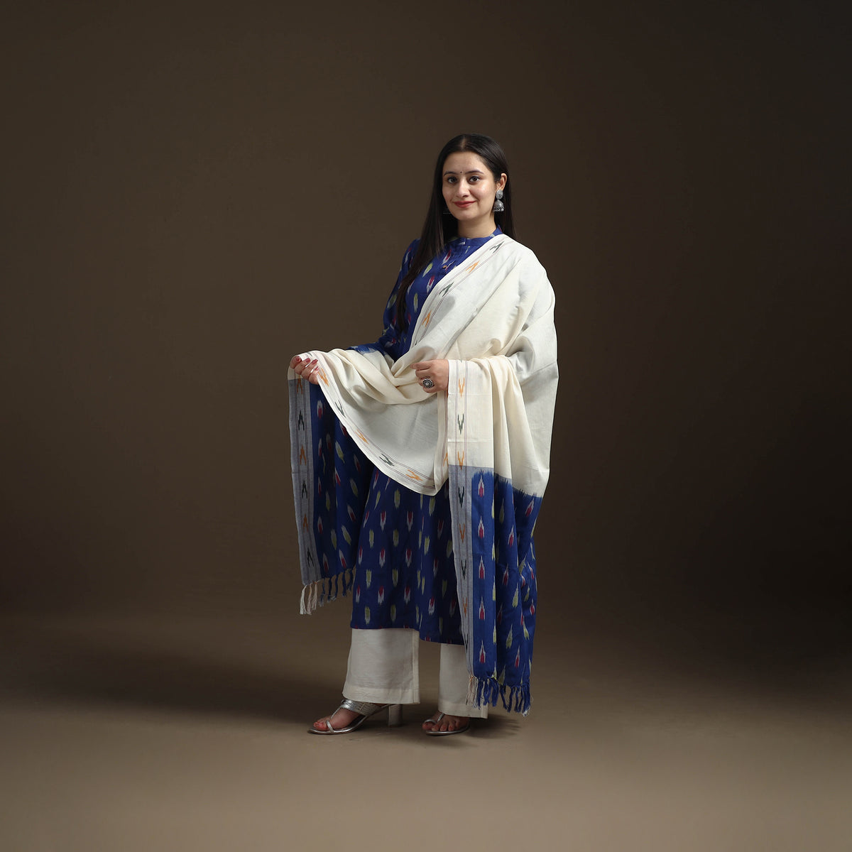 Blue - Pochampally Ikat Cotton Long Kurta with Palazzo & Dupatta Suit Set for Women 16