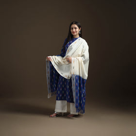 Blue - Pochampally Ikat Cotton Long Kurta with Palazzo & Dupatta Suit Set for Women 16
