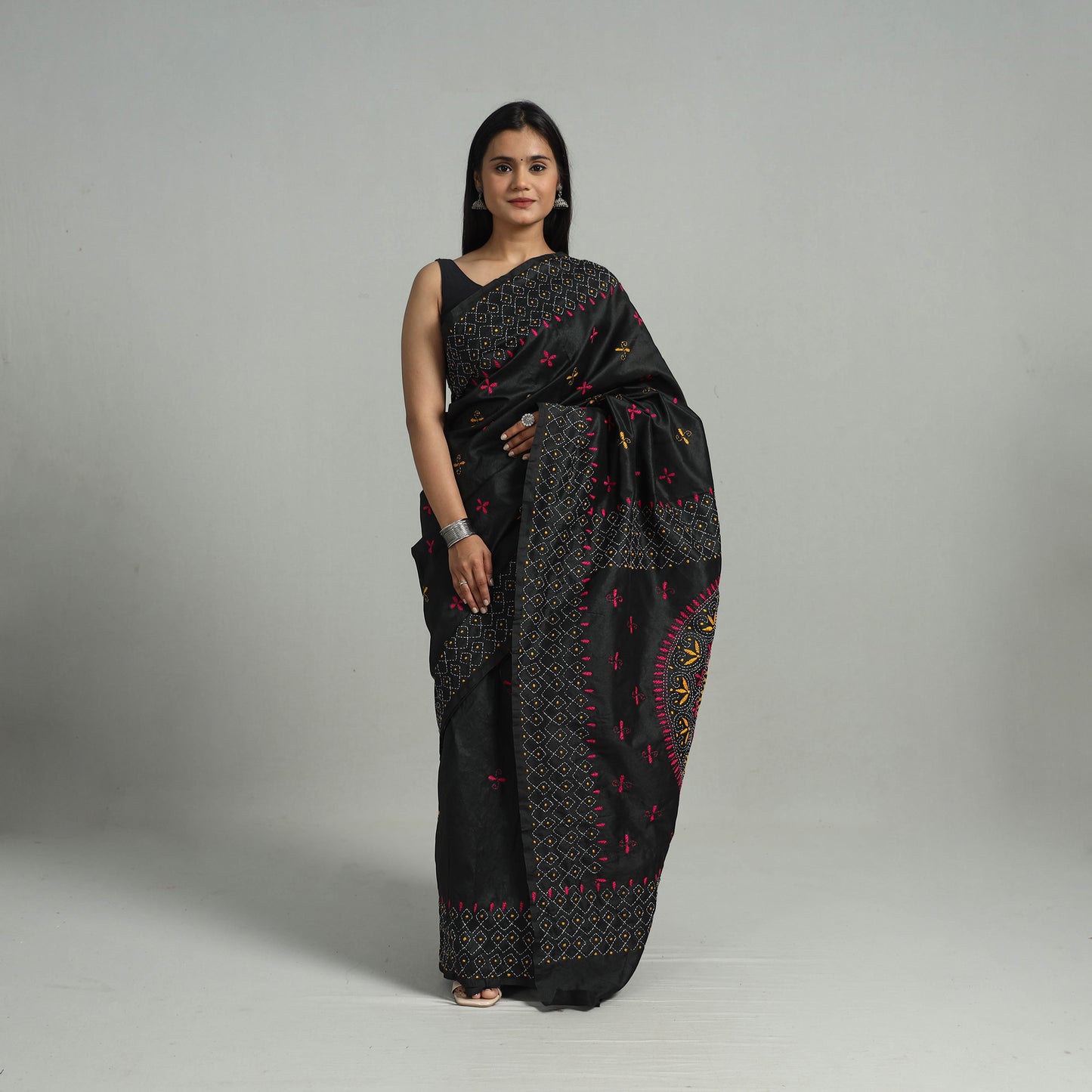 Black - Handcrafted Bengal Nakshi Kantha Work Silk Saree 36