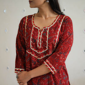 Red - Block Printed Cotton Gota Work Long Ajrakh Kurta 11