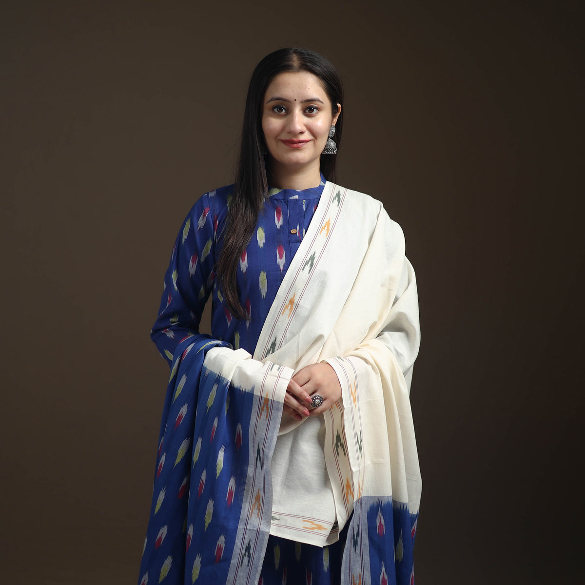 Blue - Pochampally Ikat Cotton Long Kurta with Palazzo & Dupatta Suit Set for Women 16