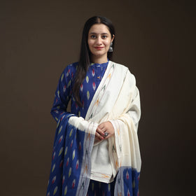 Blue - Pochampally Ikat Cotton Long Kurta with Palazzo & Dupatta Suit Set for Women 16