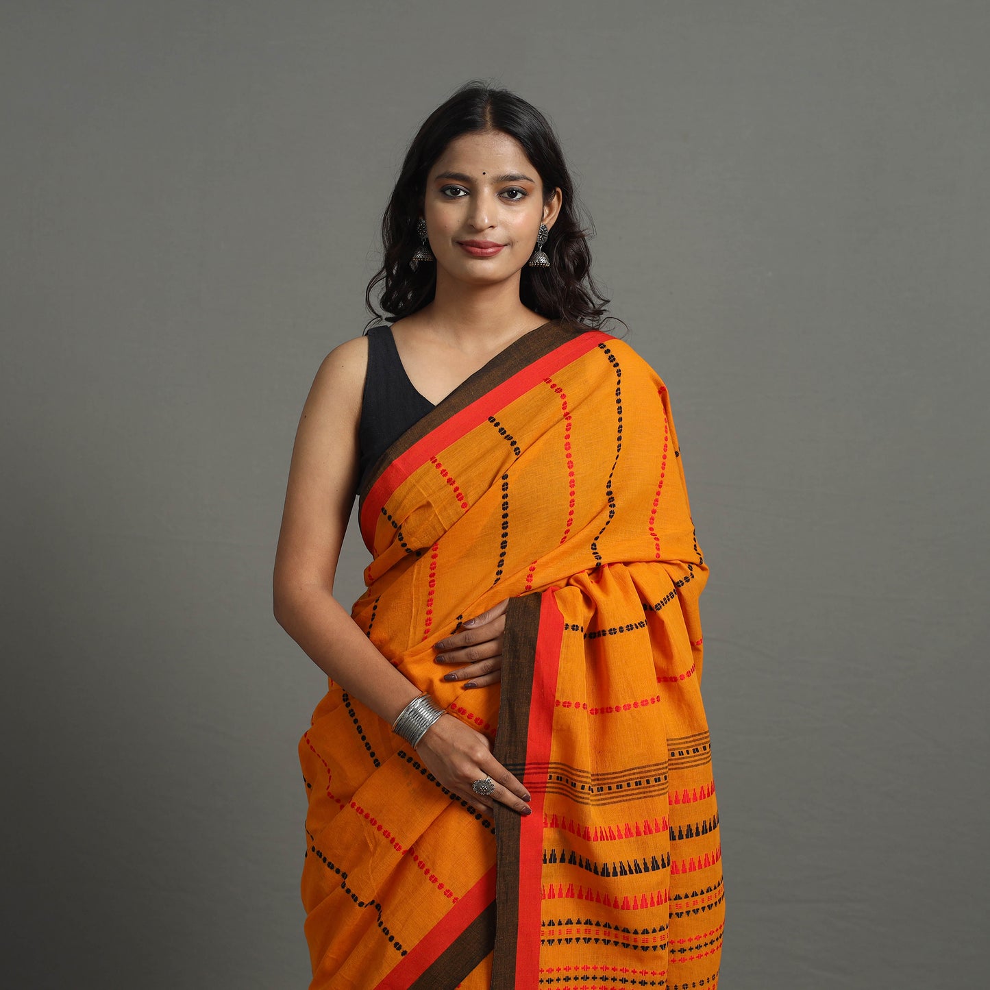 Orange - Bengal Handwoven Cotton Begampuri Saree 11