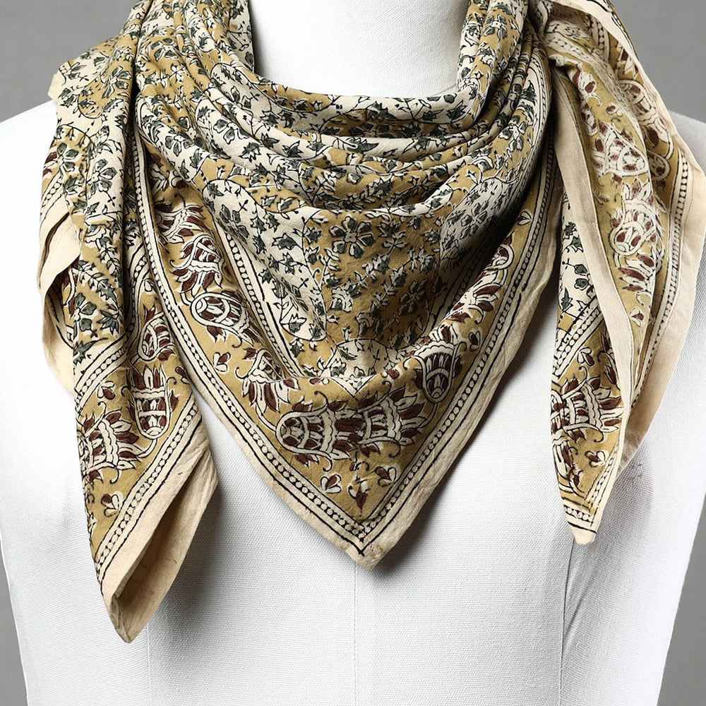 Yellow - Pedana Kalamkari Block Printed Natural Dyed Cotton Scarf 73