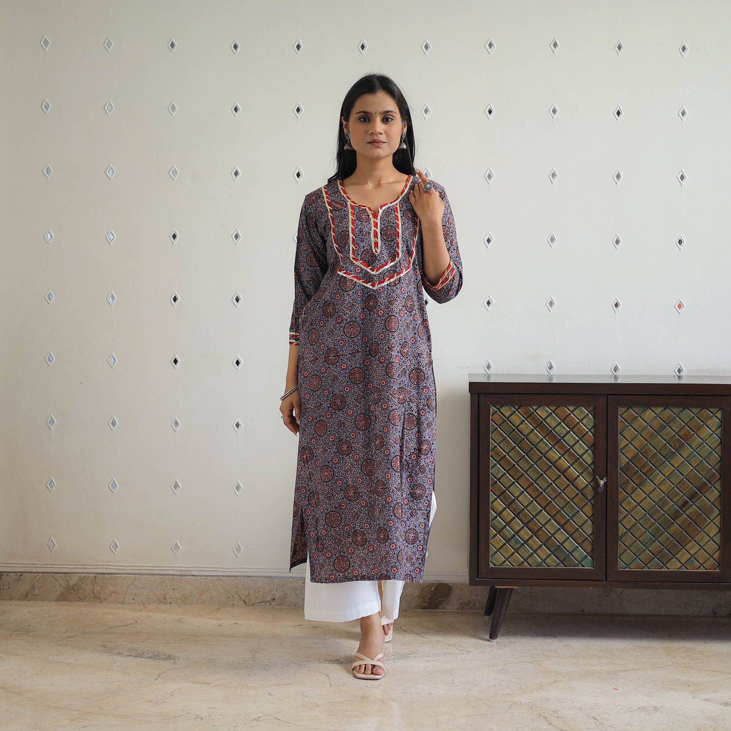 Block Printed Cotton Gota Work Long Ajrakh Kurta 13