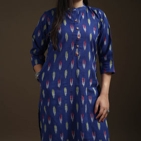 Blue - Pochampally Ikat Cotton Long Kurta with Palazzo & Dupatta Suit Set for Women 16