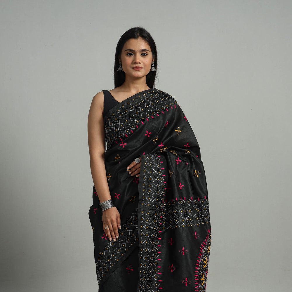 Black - Handcrafted Bengal Nakshi Kantha Work Silk Saree 36