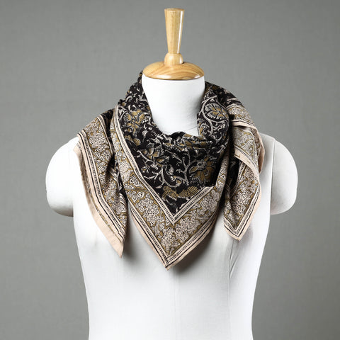 Black - Pedana Kalamkari Block Printed Natural Dyed Cotton Scarf 74