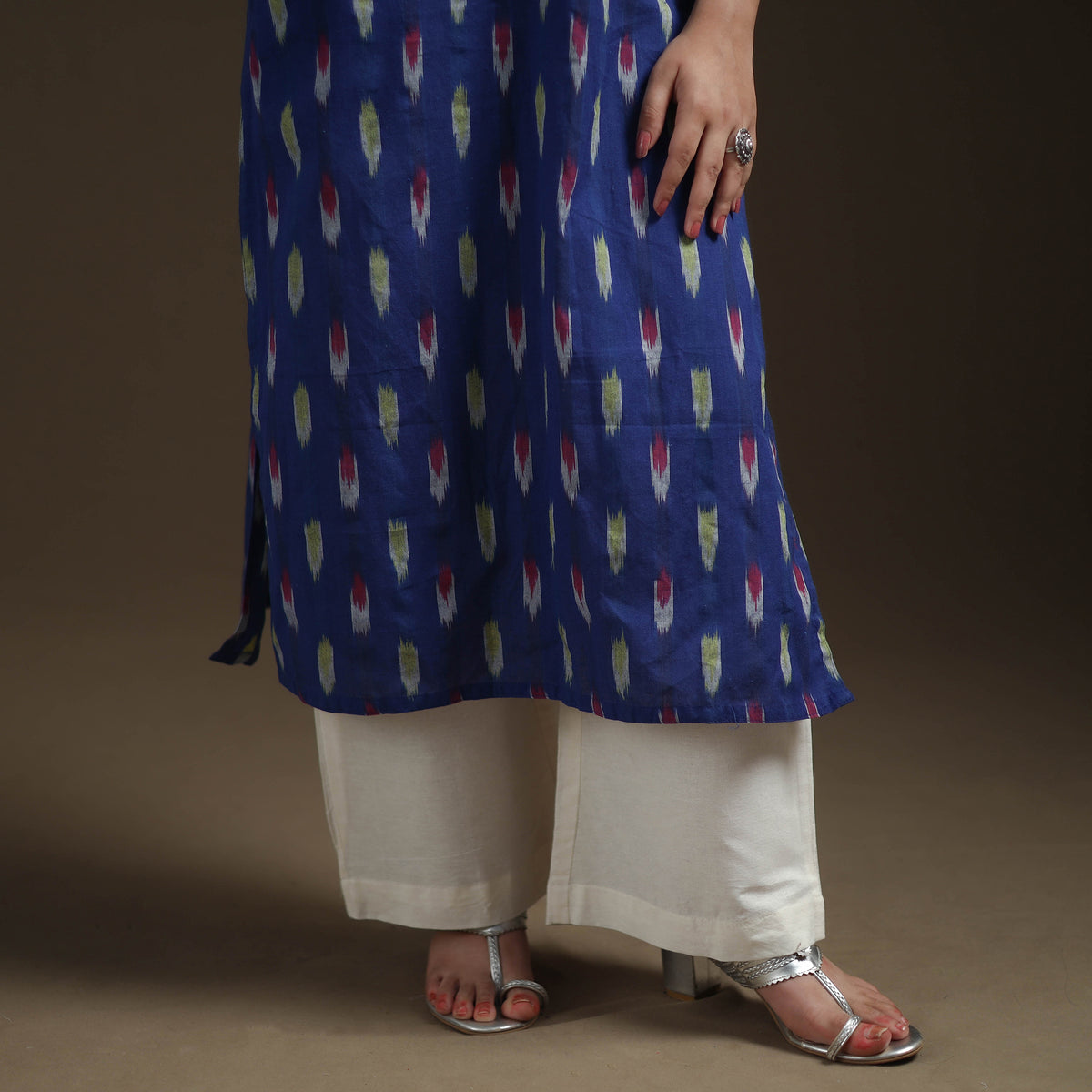 Blue - Pochampally Ikat Cotton Long Kurta with Palazzo & Dupatta Suit Set for Women 16