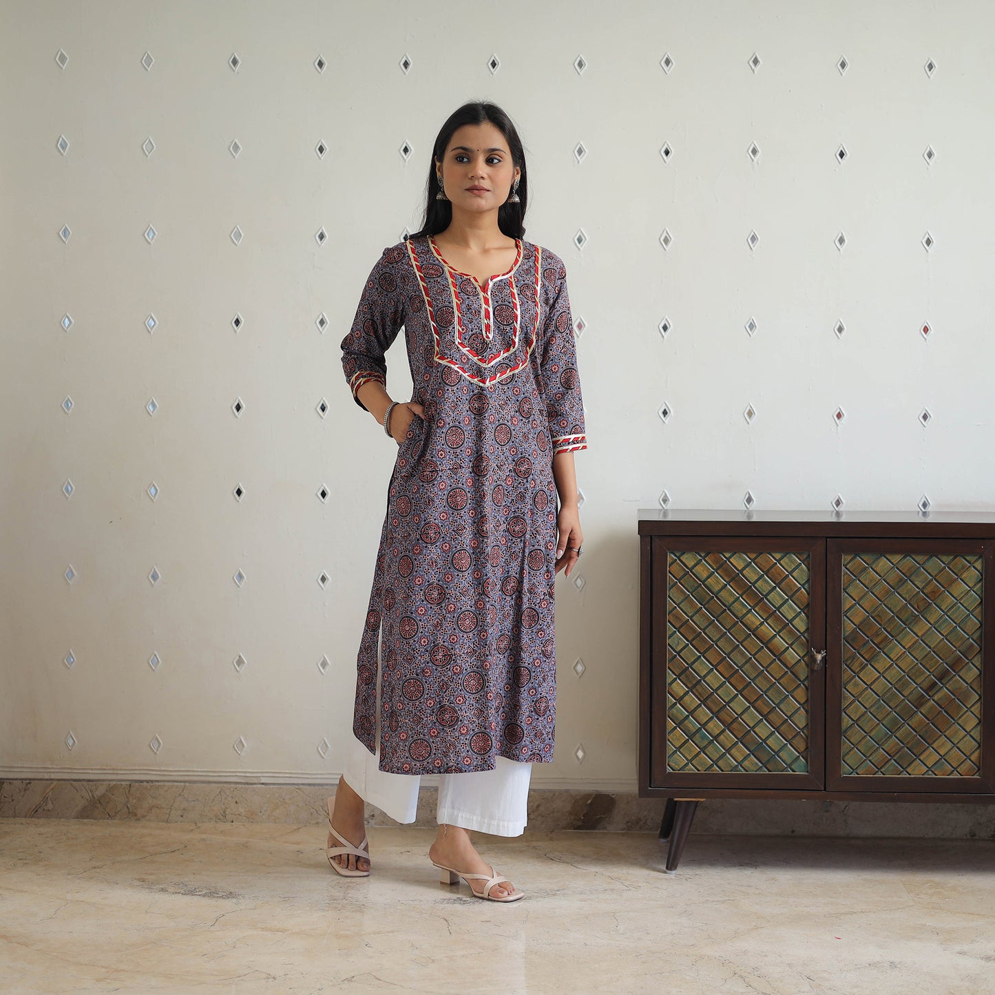 Block Printed Cotton Gota Work Long Ajrakh Kurta 13