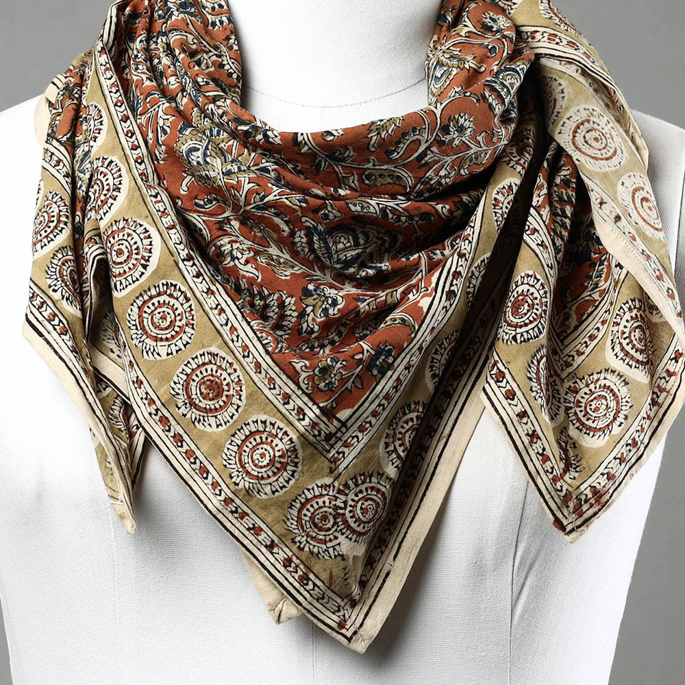 Orange - Pedana Kalamkari Block Printed Natural Dyed Cotton Scarf 76