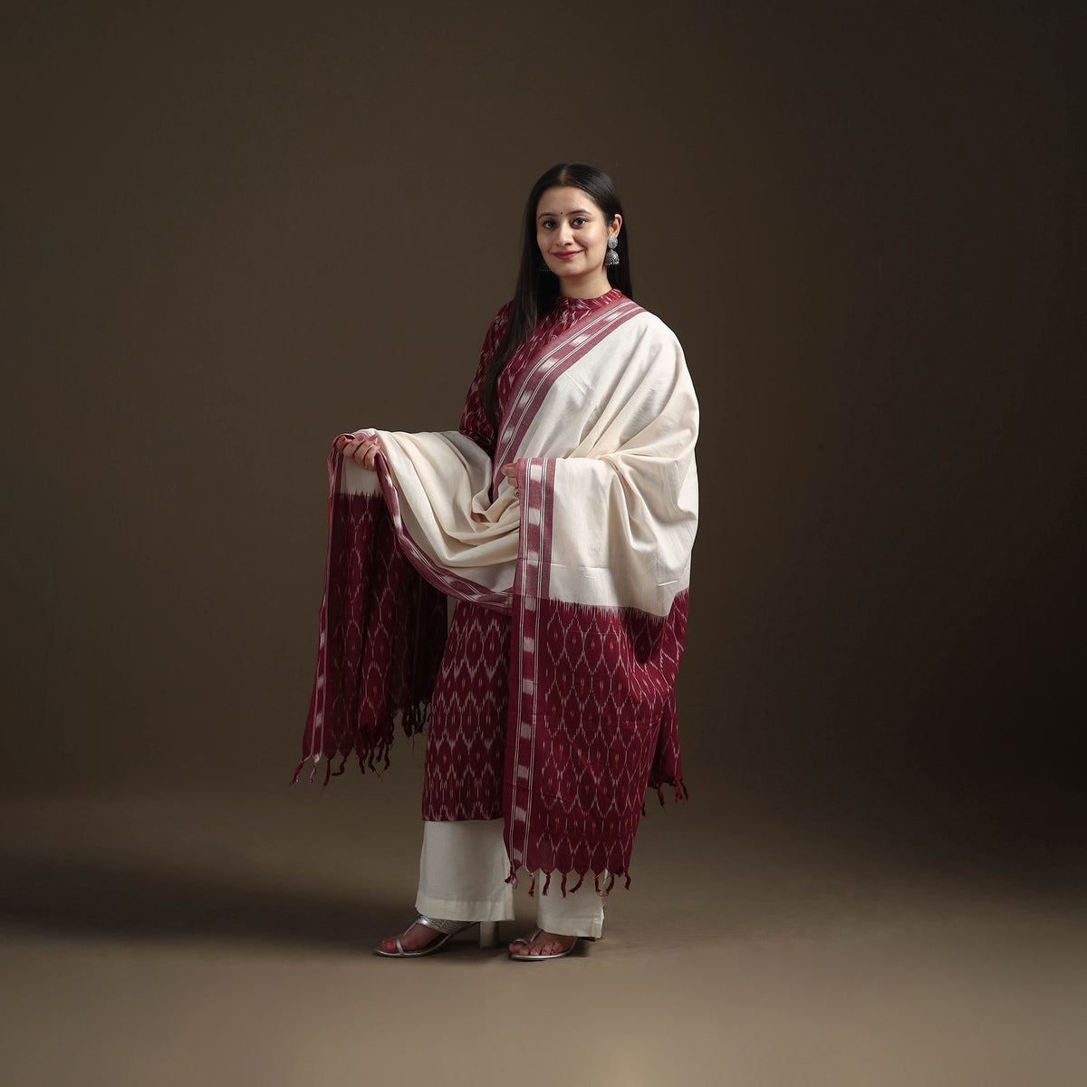 Maroon - Pochampally Ikat Cotton Long Kurta with Palazzo & Dupatta Suit Set for Women 18