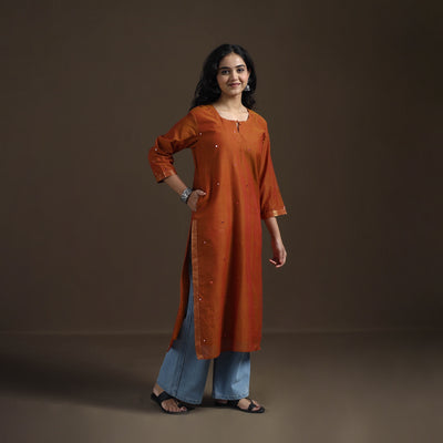 Orange - Mangalagiri Pure Handwoven Cotton Mirror Work Straight Long Kurta for women 08
