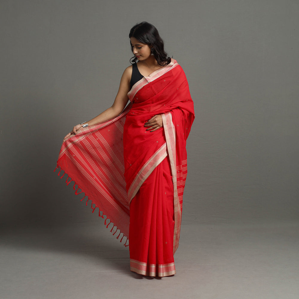 Red - Bengal Handwoven Cotton Buti Begampuri Saree 12