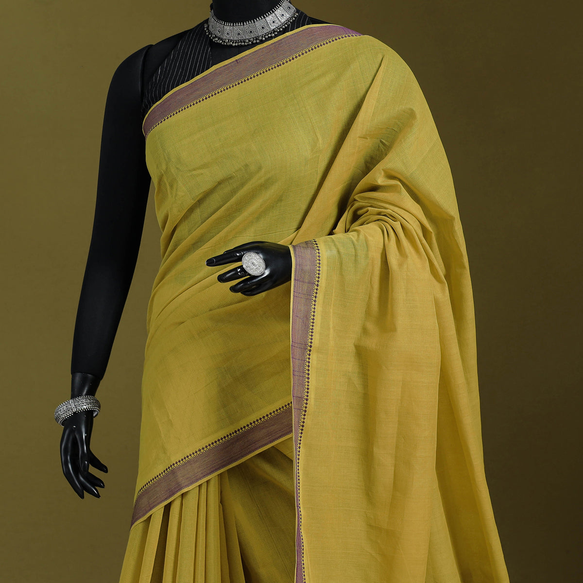 Yellow - Handloom Cotton Thread Border Mangalagiri Saree 18