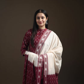 Maroon - Pochampally Ikat Cotton Long Kurta with Palazzo & Dupatta Suit Set for Women 18