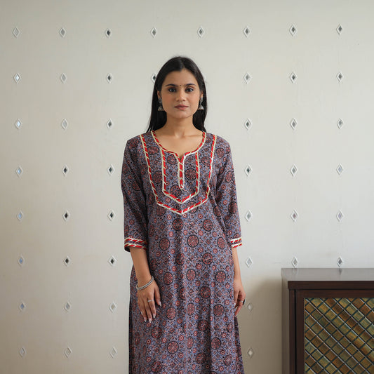 Block Printed Cotton Gota Work Long Ajrakh Kurta 13