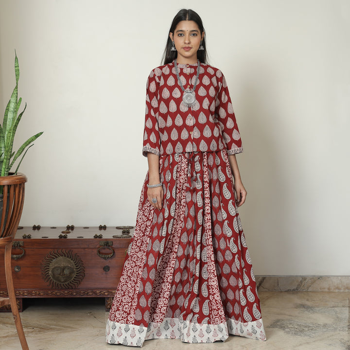 Maroon - Bagh Block Printed Patchwork Cotton Long Skirt