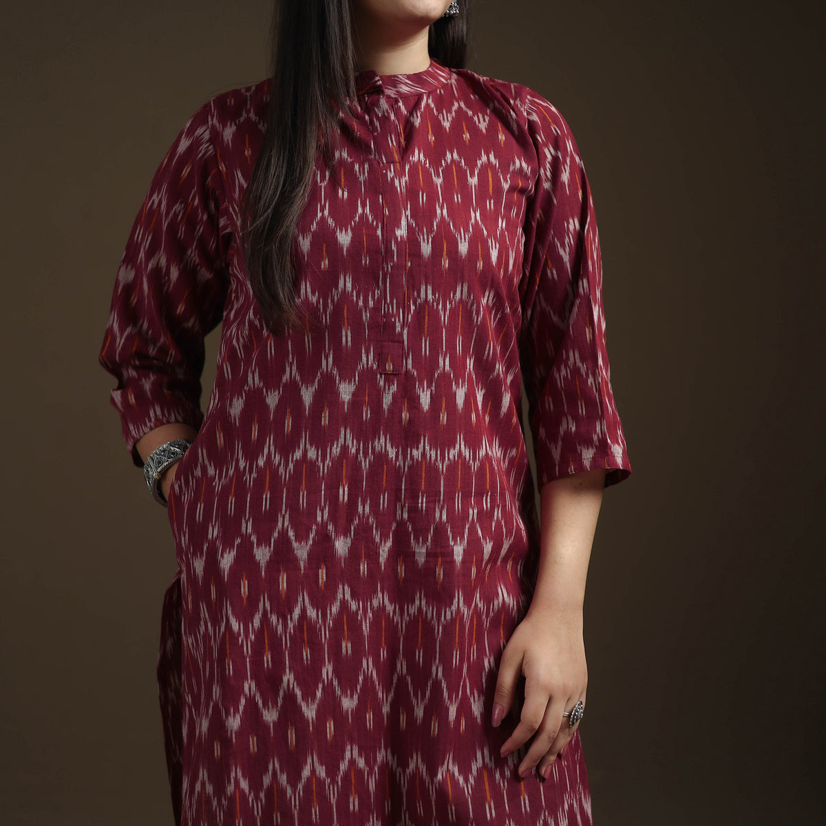 Maroon - Pochampally Ikat Cotton Long Kurta with Palazzo & Dupatta Suit Set for Women 18