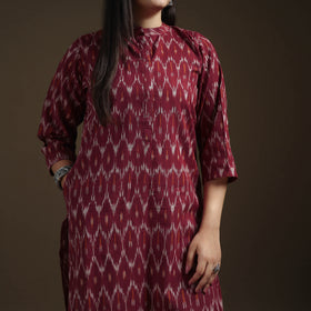 Maroon - Pochampally Ikat Cotton Long Kurta with Palazzo & Dupatta Suit Set for Women 18