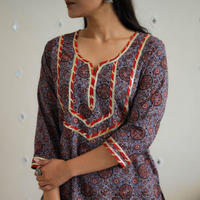 Blue - Block Printed Cotton Gota Work Long Ajrakh Kurta 13