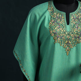 Green - Kashmiri Kashida Hand Embroidered Cotton Kaftan (Medium) 11