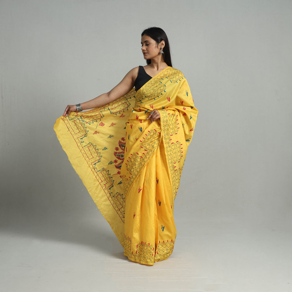 Yellow - Handcrafted Bengal Nakshi Kantha Work Silk Saree 38