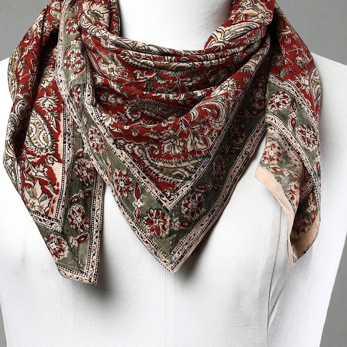 Red - Pedana Kalamkari Block Printed Natural Dyed Cotton Scarf 79