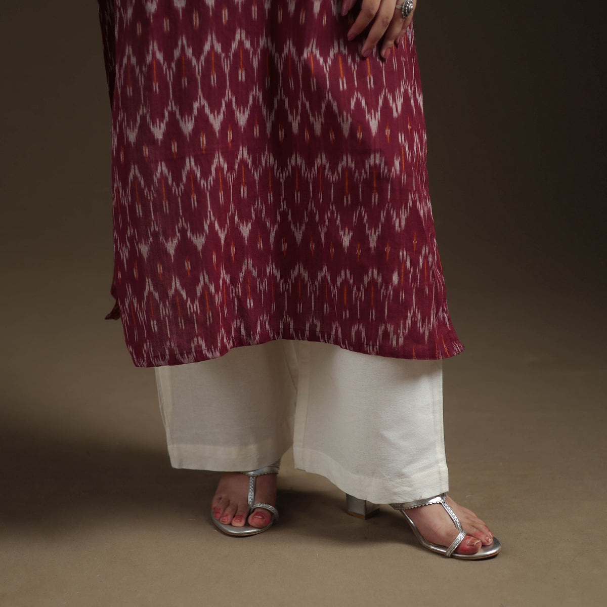 Maroon - Pochampally Ikat Cotton Long Kurta with Palazzo & Dupatta Suit Set for Women 18
