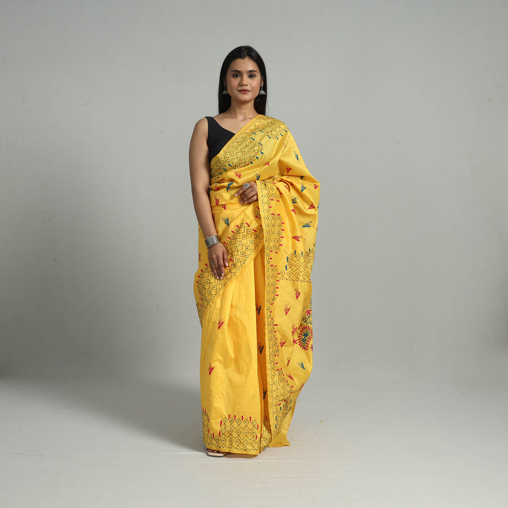 Yellow - Handcrafted Bengal Nakshi Kantha Work Silk Saree 38