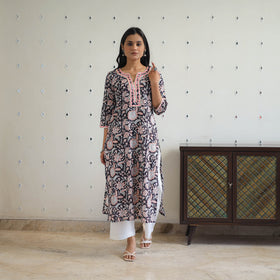 Black Block Printed Cotton Gota Work Long Sanganeri Kurta