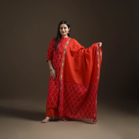 Red - Pochampally Ikat Cotton Long Kurta with Palazzo & Dupatta Suit Set for Women 19