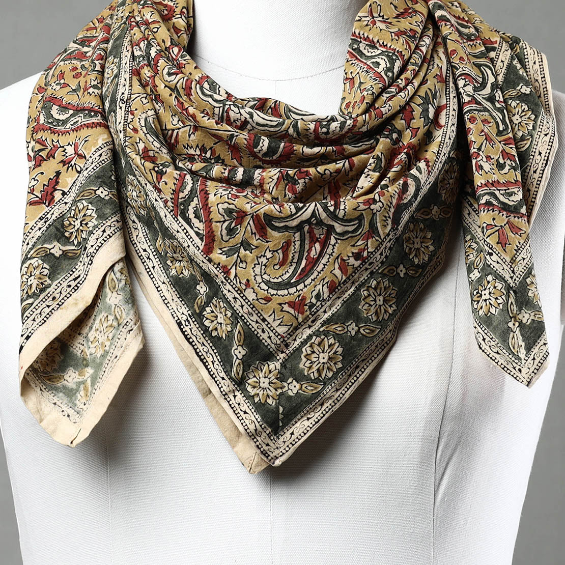 Yellow - Pedana Kalamkari Block Printed Natural Dyed Cotton Scarf 81