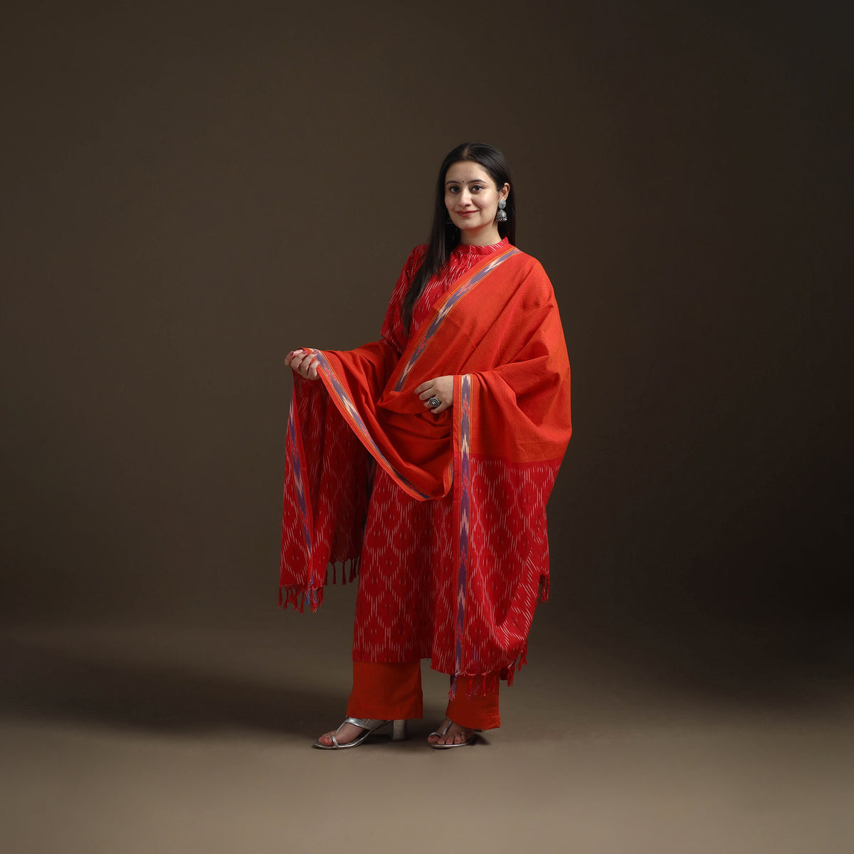 Pochampally Ikat Cotton Long Kurta with Palazzo & Dupatta Suit Set for Women 19