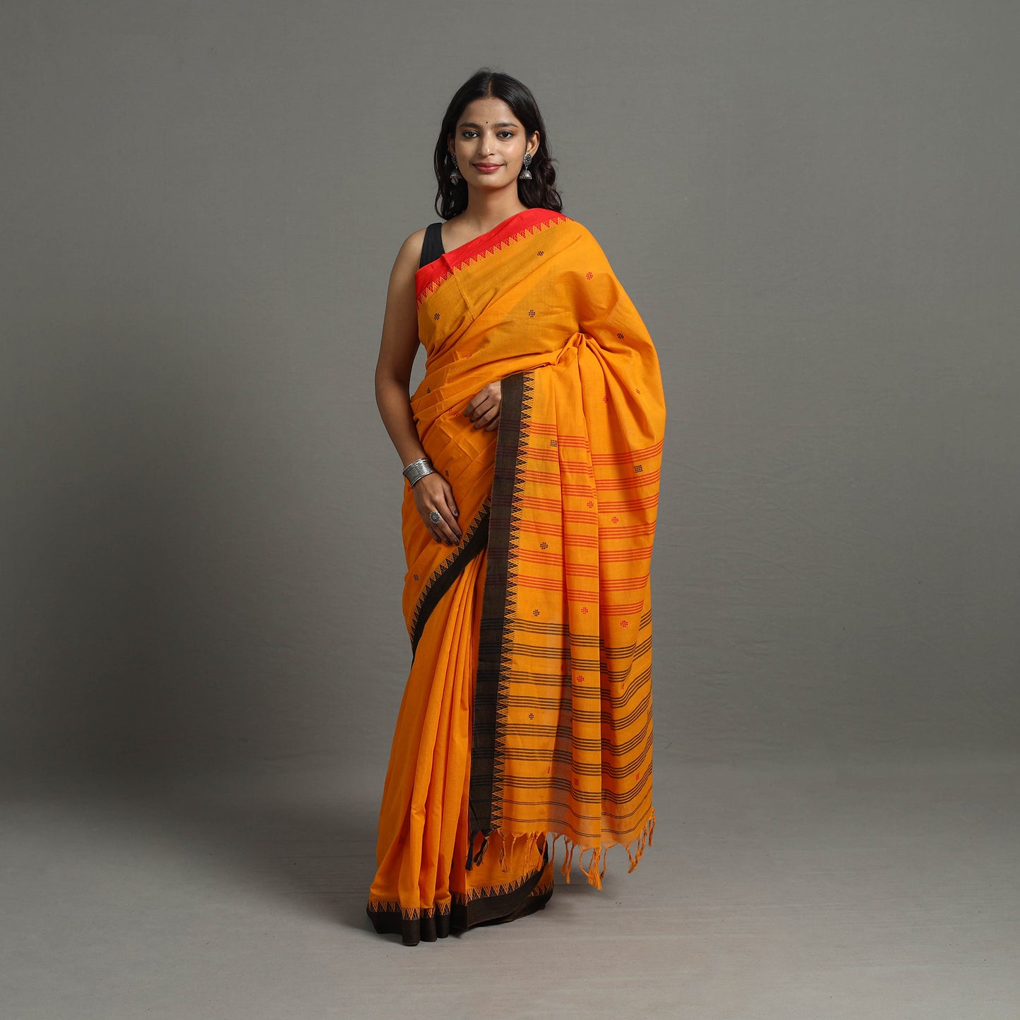 Orange - Bengal Handwoven Cotton Buti Begampuri Saree 13