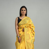 Yellow - Handcrafted Bengal Nakshi Kantha Work Silk Saree 38