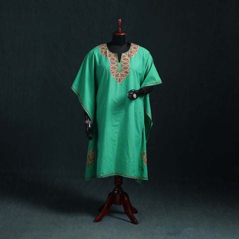 Green - Kashmiri Sozni Hand Embroidered Cotton Kaftan (Medium) 12
