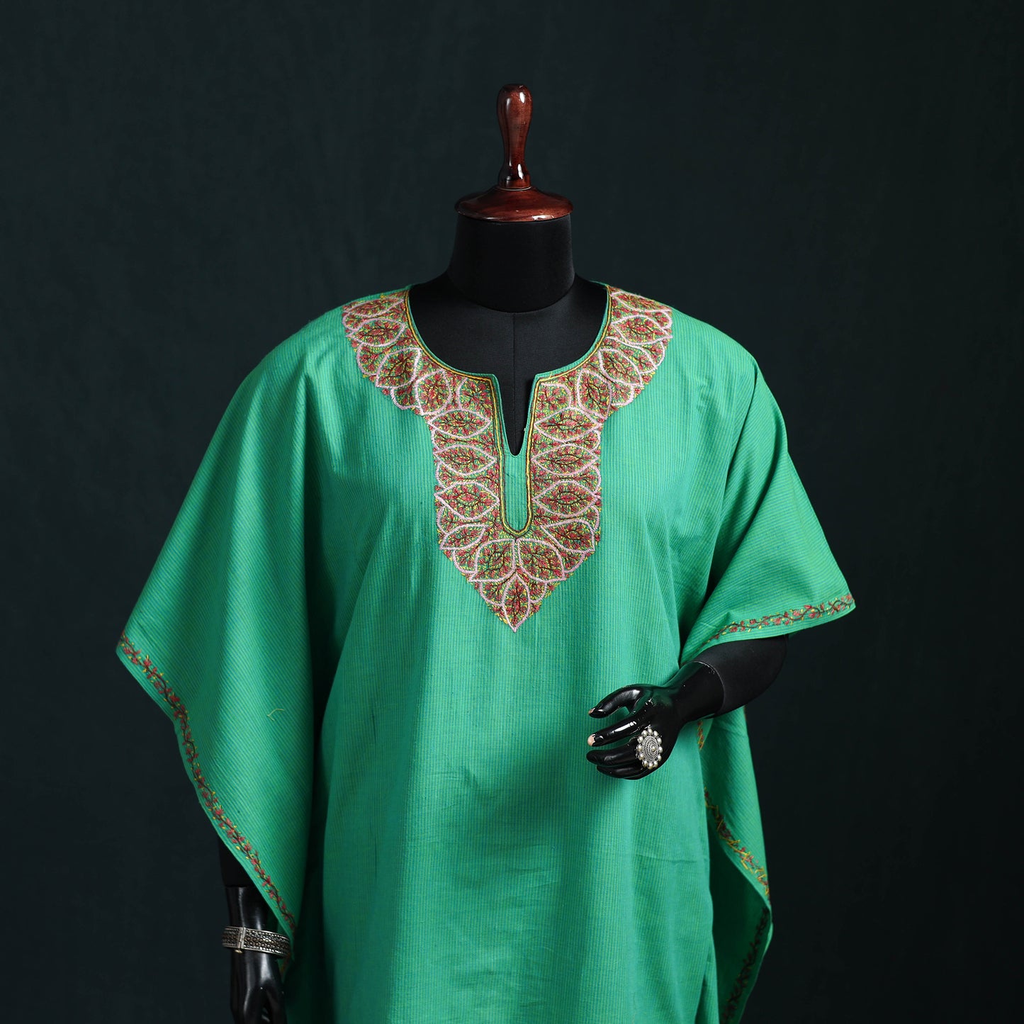 Green - Kashmiri Sozni Hand Embroidered Cotton Kaftan (Medium) 12