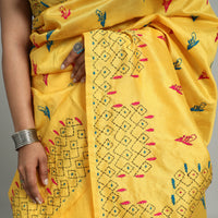 Yellow - Handcrafted Bengal Nakshi Kantha Work Silk Saree 38