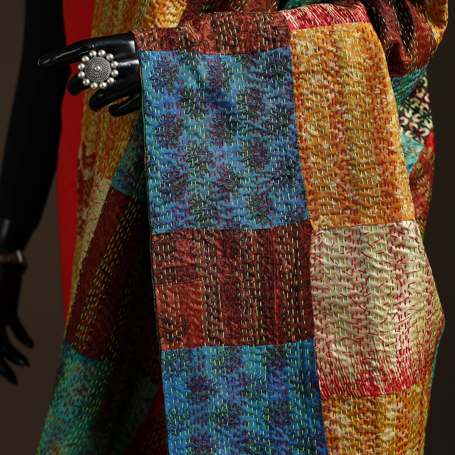 Multicolor - Bengal Hand Embroidery Patchwork Reversible Silk Kantha Dupatta 60