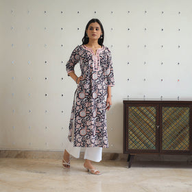 Black Block Printed Cotton Gota Work Long Sanganeri Kurta