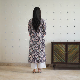 Black Block Printed Cotton Gota Work Long Sanganeri Kurta
