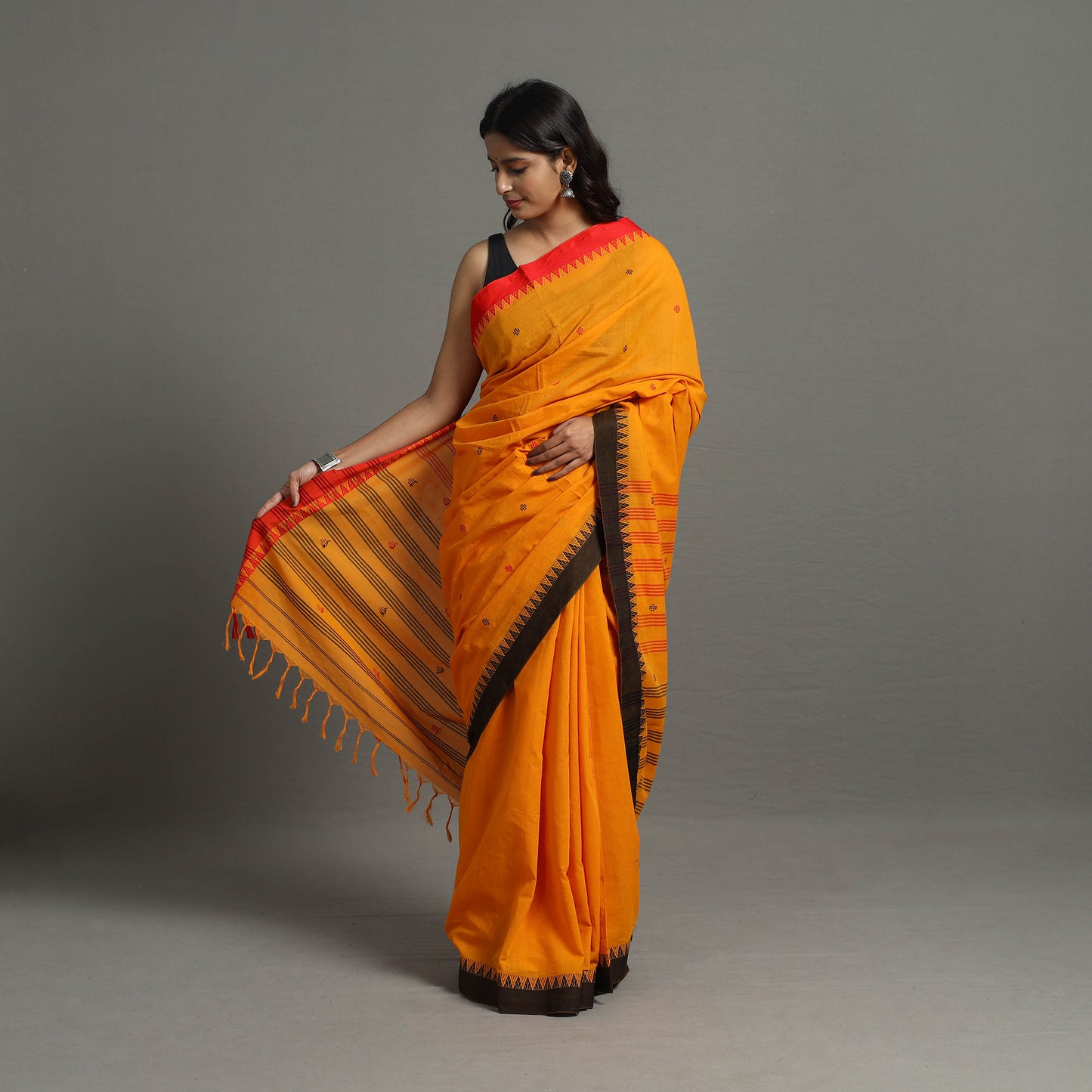 Orange - Bengal Handwoven Cotton Buti Begampuri Saree 13