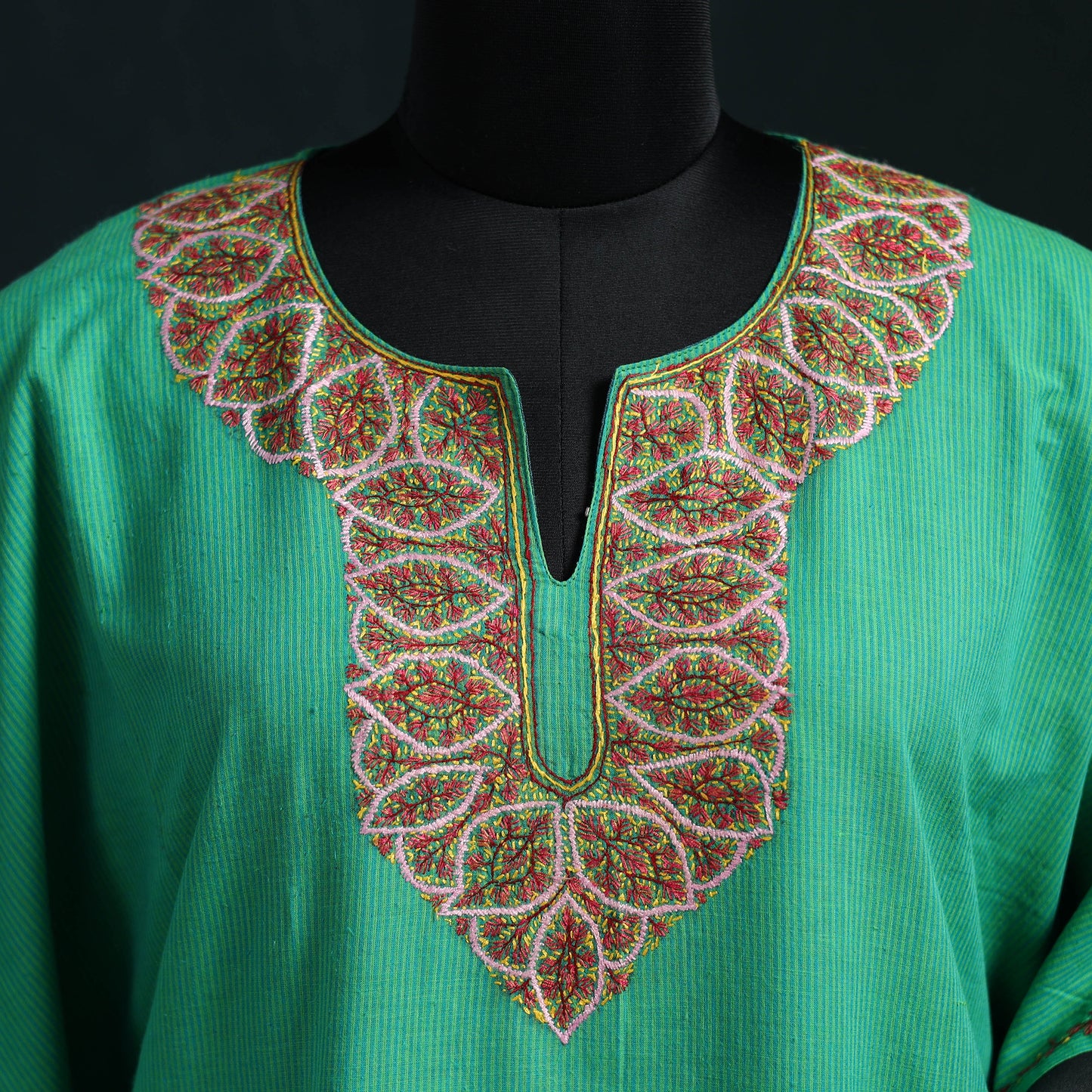 Green - Kashmiri Sozni Hand Embroidered Cotton Kaftan (Medium) 12