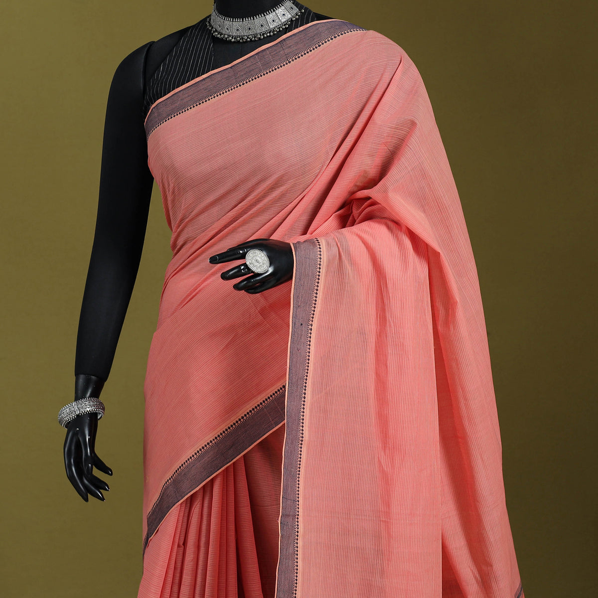 Peach - Handloom Cotton Thread Border Mangalagiri Saree 19