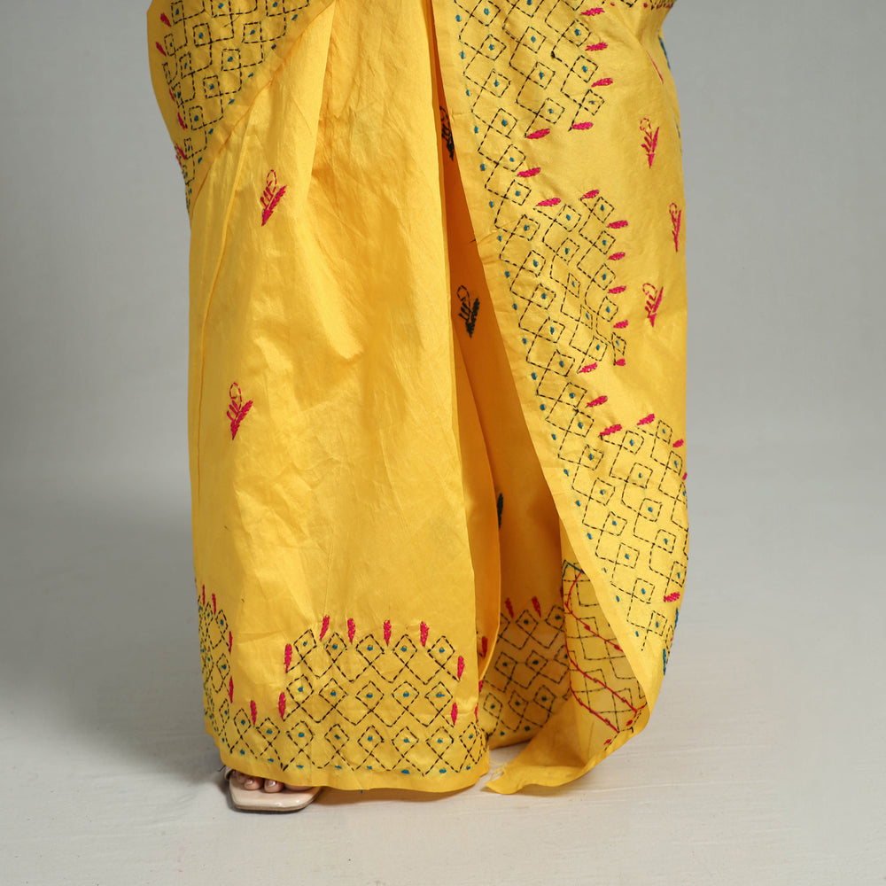 Yellow - Handcrafted Bengal Nakshi Kantha Work Silk Saree 38