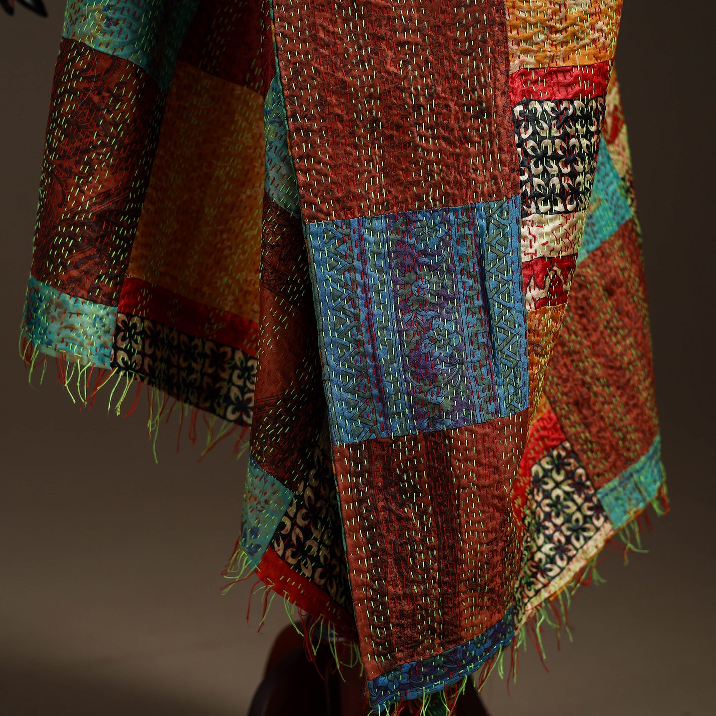 Multicolor - Bengal Hand Embroidery Patchwork Reversible Silk Kantha Dupatta 60