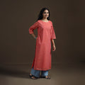 Peach - Mangalagiri Pure Handwoven Cotton Mirror Work Straight Long Kurta for women 17