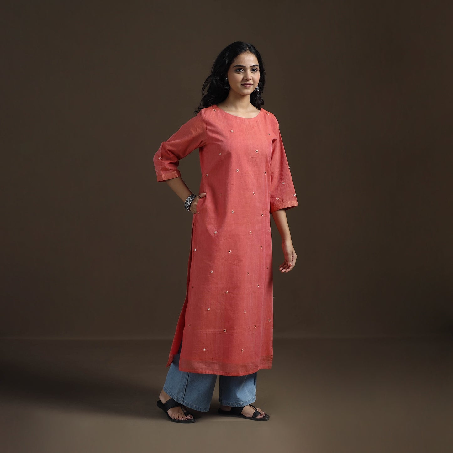 Mangalagiri Pure Handwoven Cotton Mirror Work Straight Kurta for women 17
