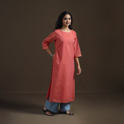 Peach - Mangalagiri Pure Handwoven Cotton Mirror Work Straight Long Kurta for women 17